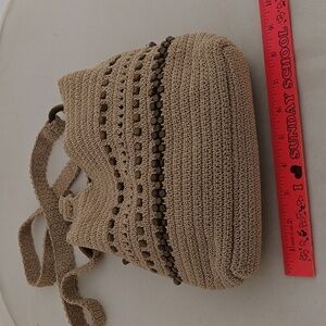 Beige Crochet Shoulder Bag with Wooden Bead Accents